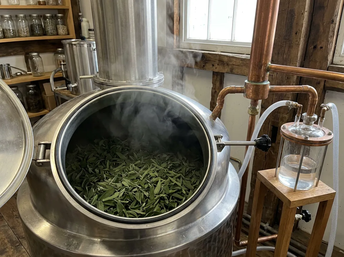 Cut sage leaf packed into a working still with steam rising